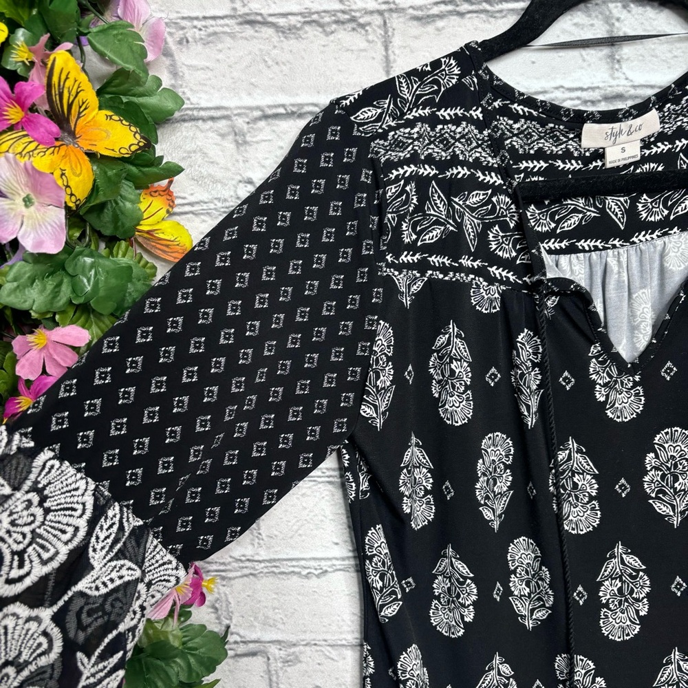 b🌼3/$30🌼Style & Co Black Printed Long Sleeve Blouse Size Small - Picture 9 of 16